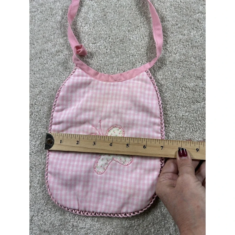 Vintage Pink Gingham Baby Bib Butterfly Applique‎ Embroidered Reversible Cotton